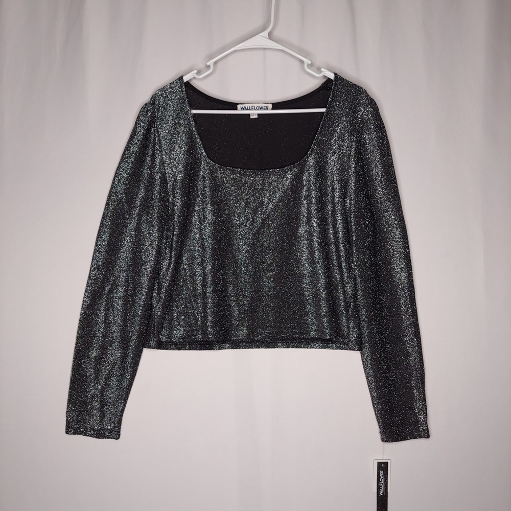 Wallflower Crop Top Womens 1X Jr Black Silver Sparkle Square Neck Long Sleeve‎
